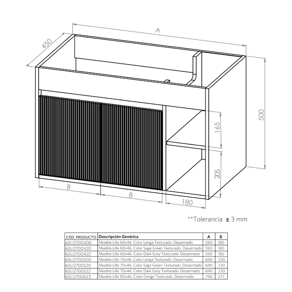 Mueble Vanitorio Lille Dark Grey Texturado + Cubierta 70x46x50 cm