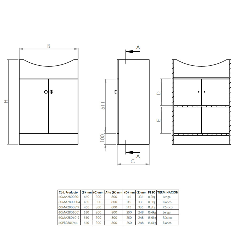 Mueble Vanitorio Marie Rustico + Cubierta 43x50x30 cm