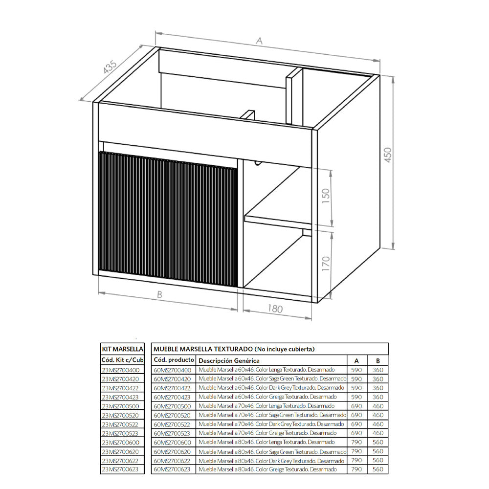 Mueble Vanitorio Marsella Greige Texturado + Cubierta 60x46x50 cm