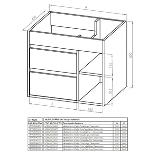 Mueble Vanitorio Paris Lenga + Cubierta 70x46x50 cm
