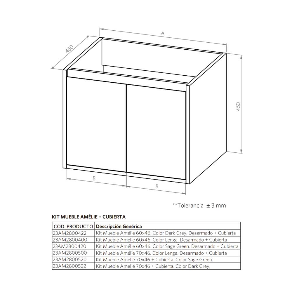 Mueble Vanitorio Amélie Lenga + Cubierta 70x46x50 cm