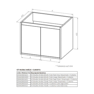Mueble Vanitorio Amélie Lenga + Cubierta 70x46x50 cm