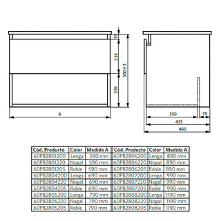Mueble Vanitorio Belle Lenga + Cubierta 60x46x50 cm