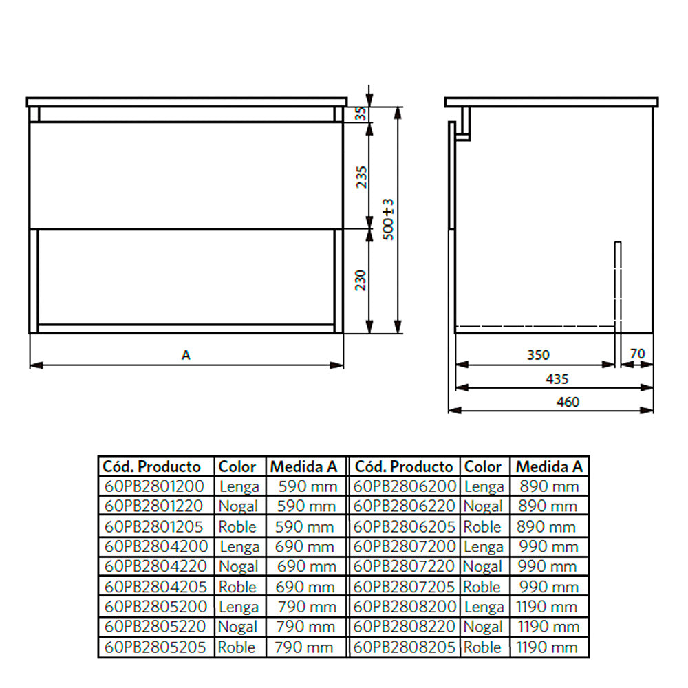 Mueble Vanitorio Belle Lenga + Cubierta 60x46x50 cm