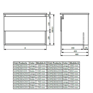Mueble Vanitorio Belle Lenga + Cubierta 120x46x50 cm