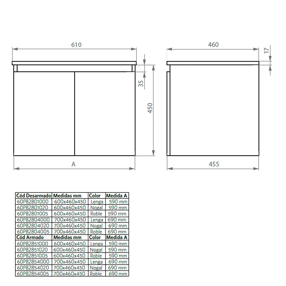 Mueble Vanitorio Ermes Nogal + Cubierta 60x46x50 cm