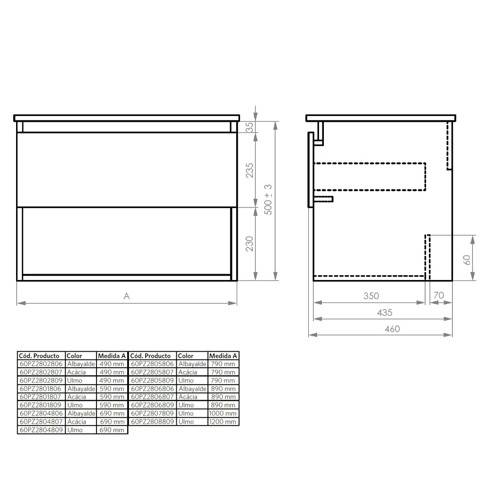 Mueble Vanitorio Zoé Gris Grafito + Cubierta 70x46x50 cm