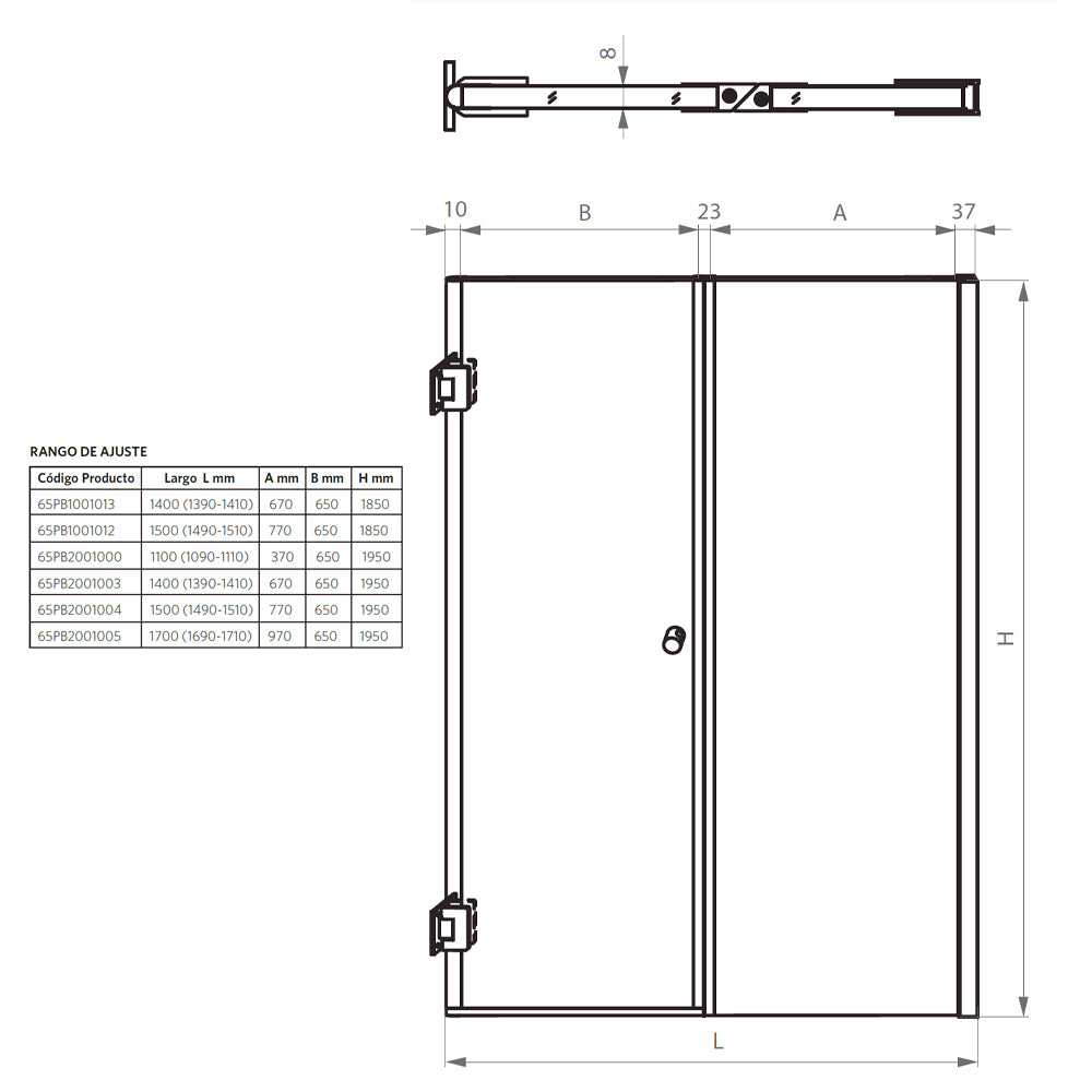 Mampara Abatible 185x110 cm Vidrio 8 mm Perfil Cromado