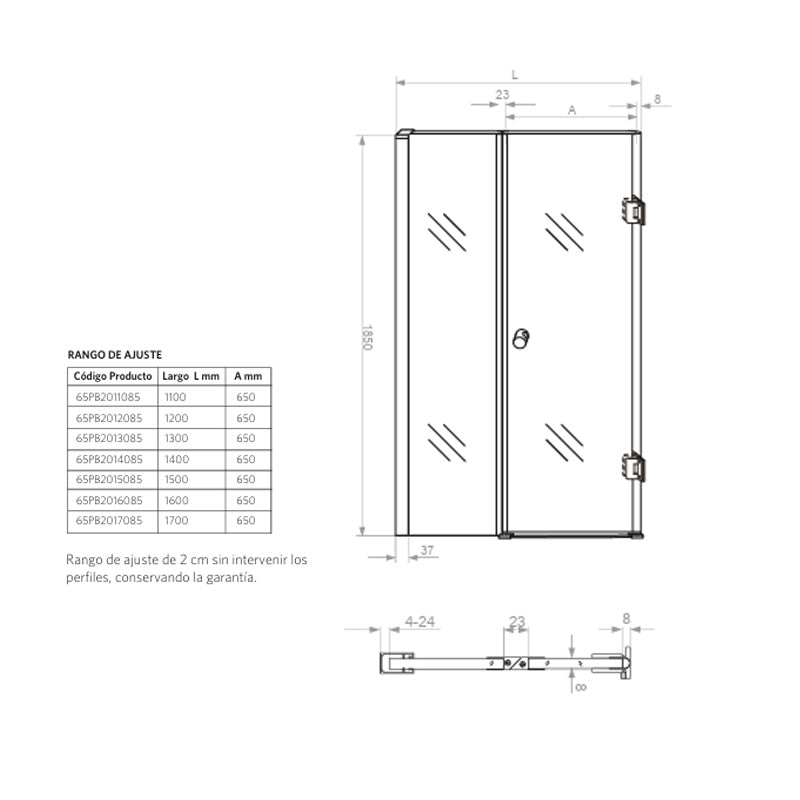 Mampara Abatible 120x185 cm Vidrio 8 mm Perfil Cromado