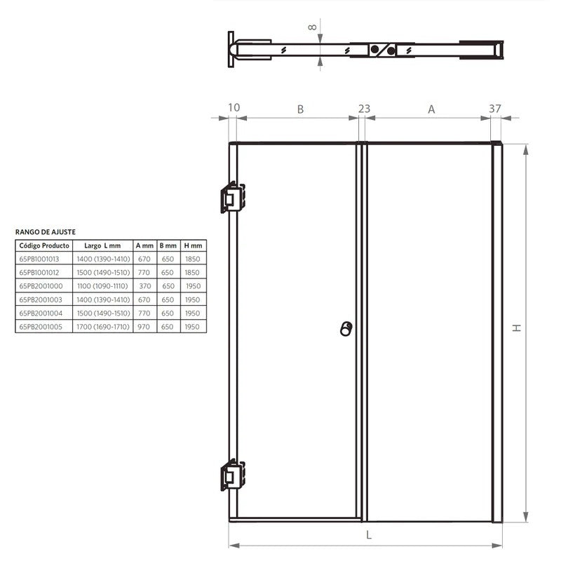 Mampara Abatible 185x130 cm Vidrio 8 mm Perfil Cromado