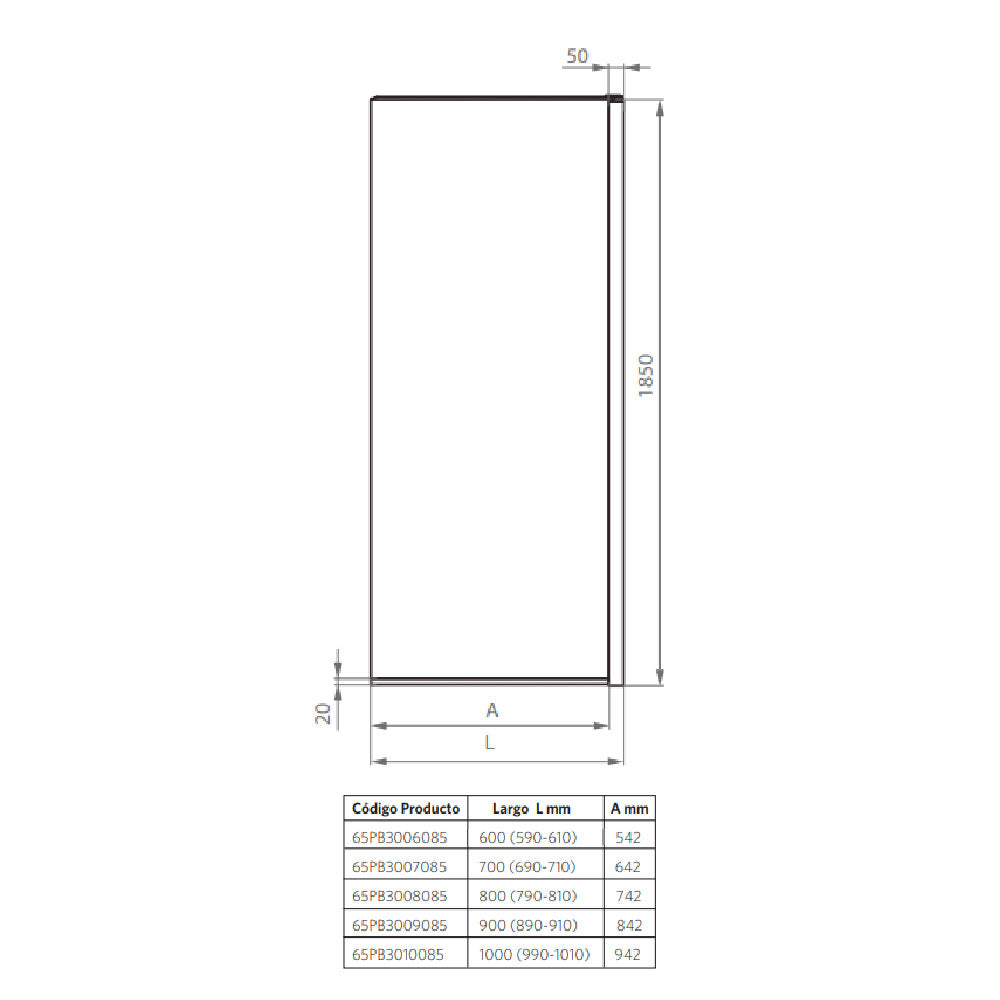 Mampara Fija 185x90 cm Ajustable ±1 cm Cromado