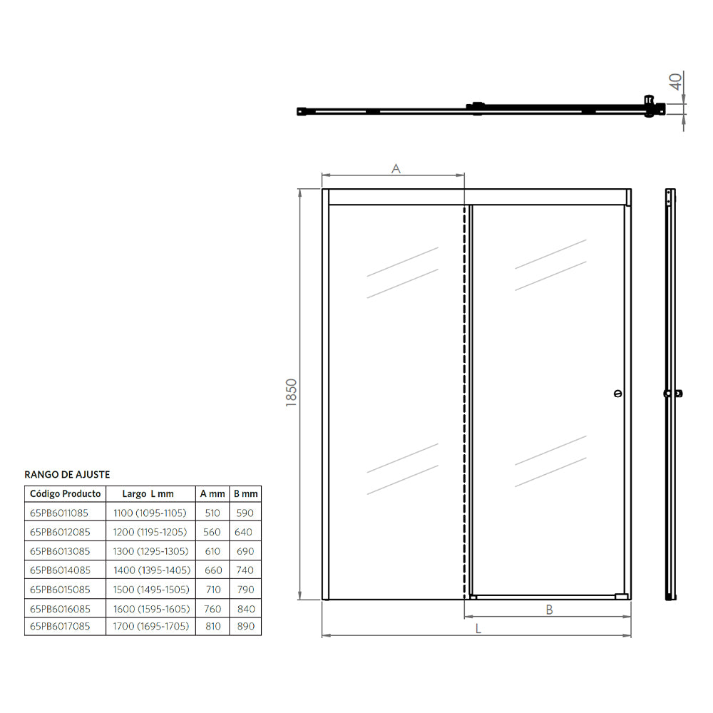Mampara Corredera Hera 160x185 cm Ajustable ±1 cm Cromado