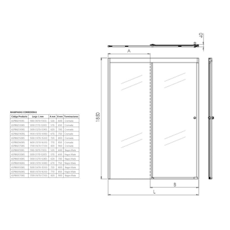 Mampara Corredera 130x185 cm Ajustable ±3 cm Cromado
