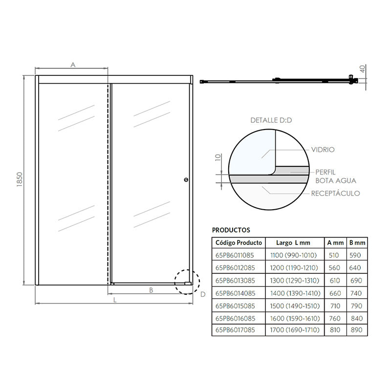 Mampara Corredera 130x185 cm Ajustable ±3 cm Cromado