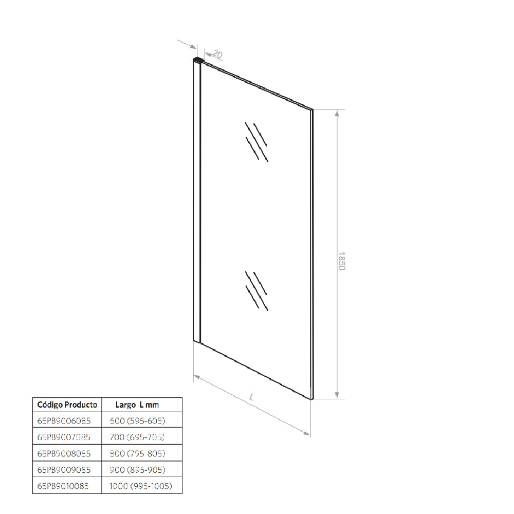 Mampara Fija 60x185 cm Ajustable ±1 cm Cromado