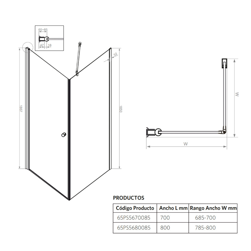 Mampara Esquinera 80x 80x185 cm Puerta Abatible Vidrio 6 mm Perfil Cromado
