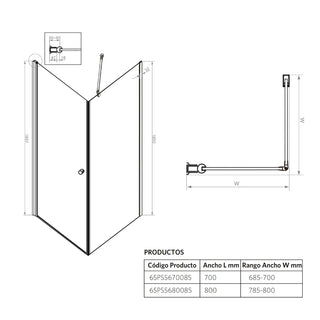 Mampara Esquinera 80x 80x185 cm Puerta Abatible Vidrio 6 mm Perfil Cromado