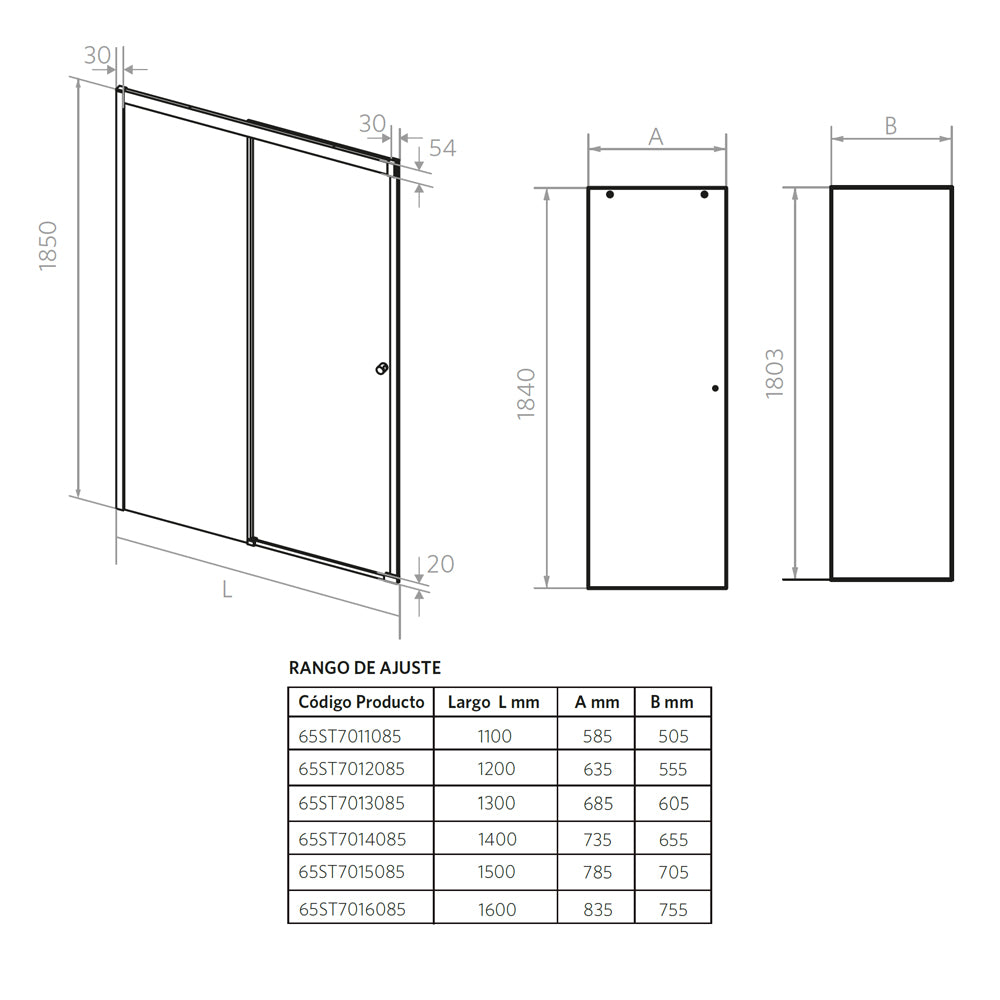 Mampara Corredera Ajustable ±1 cm 110X185 cm Cromo