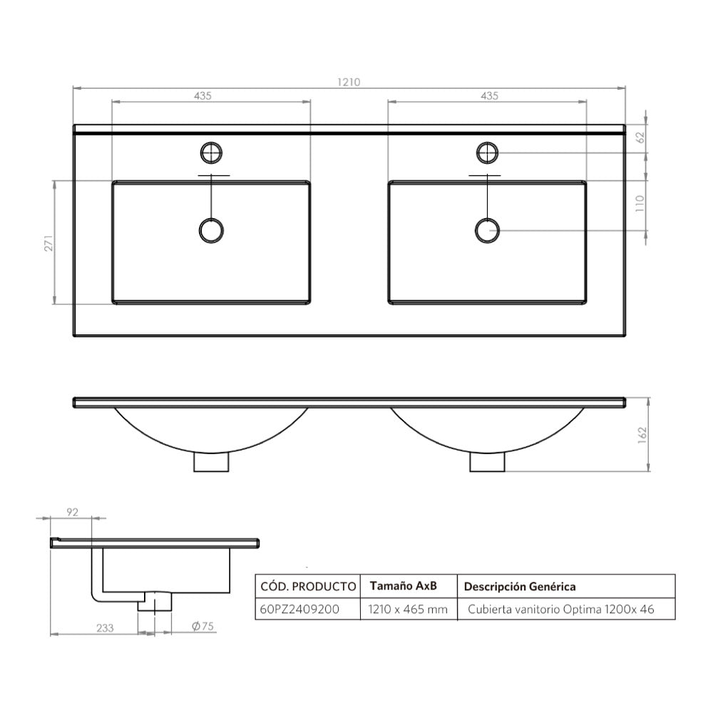 Mueble Vanitorio Sophie Dark Grey Texturado + Cubierta 120x46x50 cm