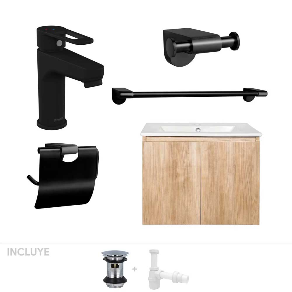 Pack Baño  Art Deco | Mueble Vanitorio Nogal + Grifería + Accesorios Baño Negro Mate