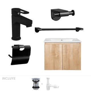 Pack Baño  Art Deco | Mueble Vanitorio Nogal + Grifería + Accesorios Baño Negro Mate