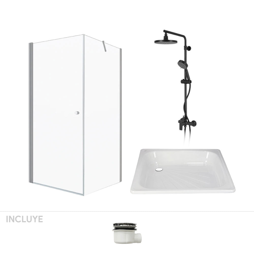Pack Baño Altea | Mampara + Receptáculo + Columna Ducha Negro Mate