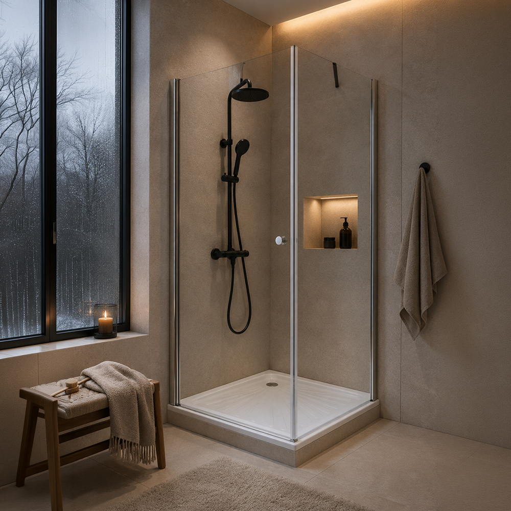 Pack Baño Altea | Mampara 70x70 + Receptáculo + Columna Ducha Negro Mate