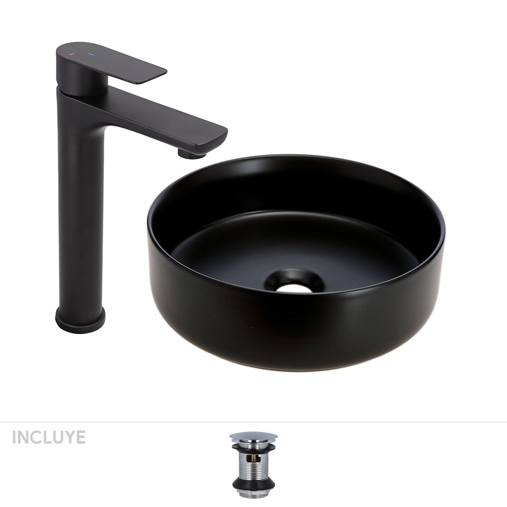Pack Baño Baena | Vanitorio Sobre Cubierta 36cm + Grifería Alta Negro Mate