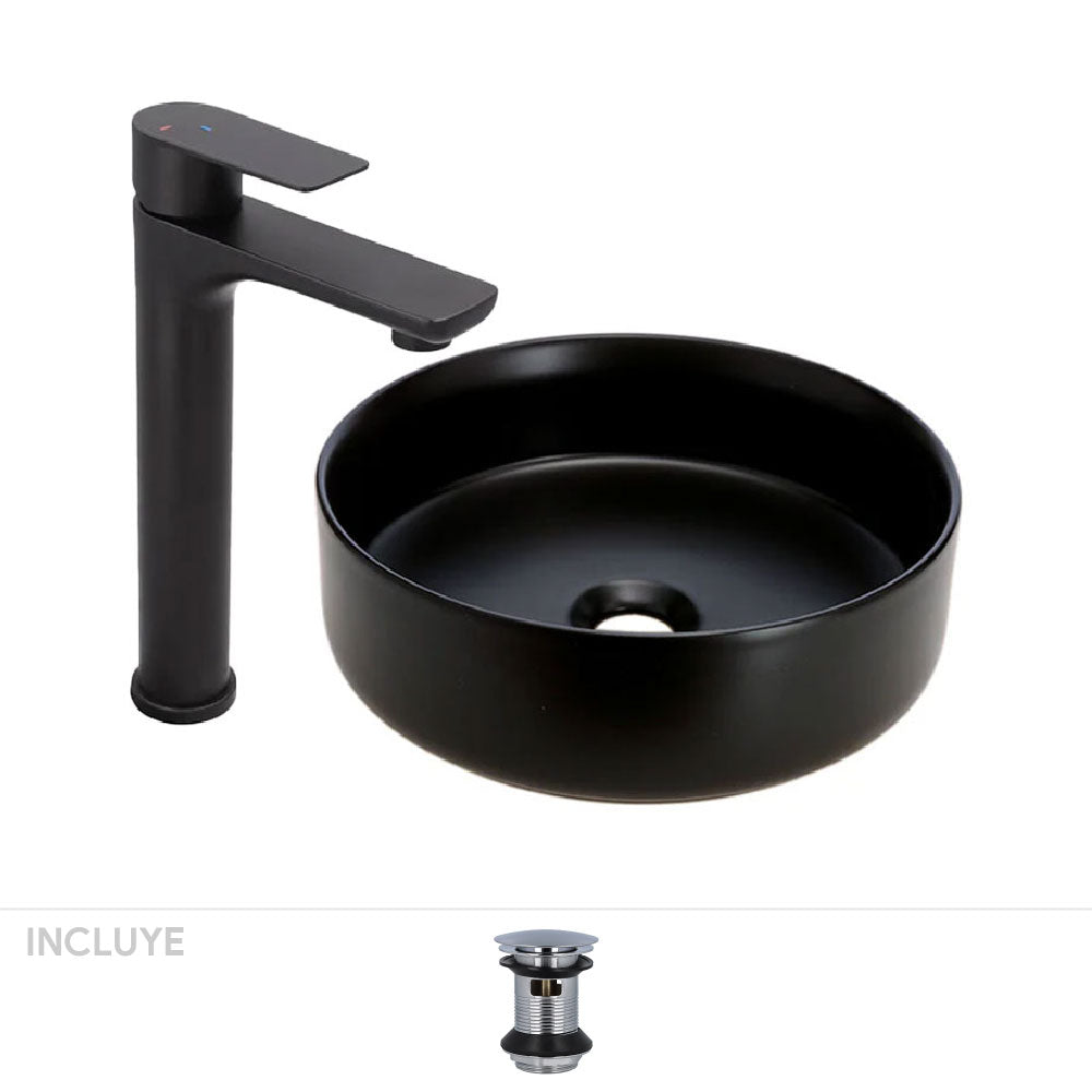 Pack Baño Baena | Vanitorio Sobre Cubierta 36cm + Grifería Alta Negro Mate