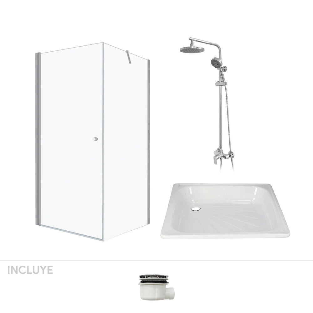 Pack Baño Baeza | Mampara + Receptáculo + Columna Ducha Cromo