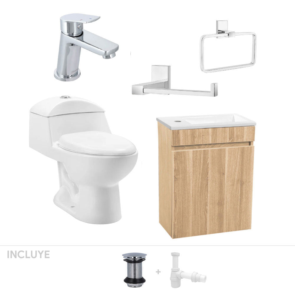 Pack Denia | Mueble Vanitorio Nogal + Sanitario + Grifería + Accesorios