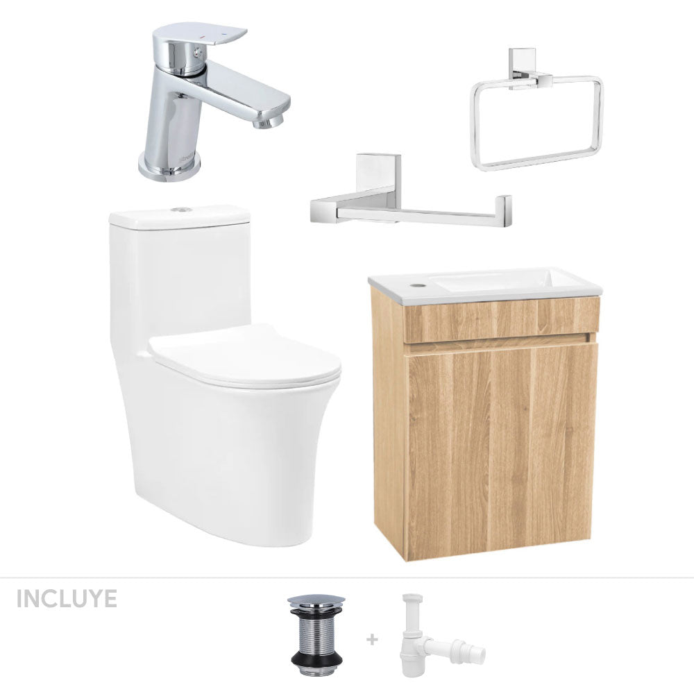 Pack Denia | Mueble Vanitorio Nogal + Sanitario + Grifería + Accesorios