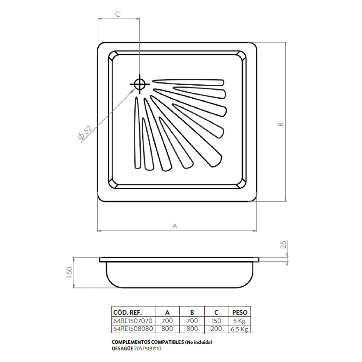 Receptáculo de Acero Esmaltado 15 cm Atenas Con Desagüe