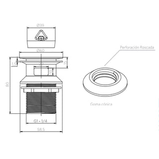 Desague Lavamanos SS304 Tapón 1 1/4'' c/Reb s/Cola