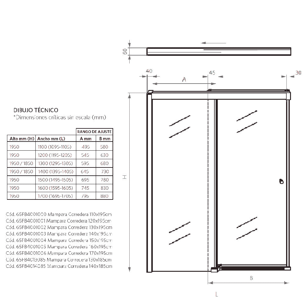 Mampara Corredera Hera 110x185 cm Ajustable ±1 cm Cromado