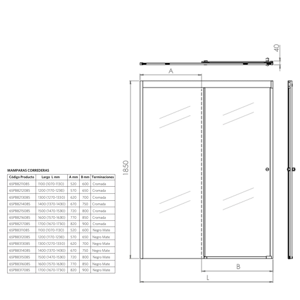 Mampara Corredera Ajustable 6 cm Negro Mate Hera