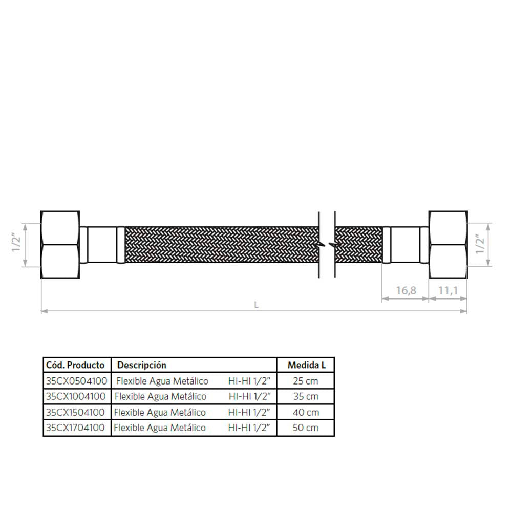 Flexible para Agua Metálico Hi-Hi 1/2 25cm