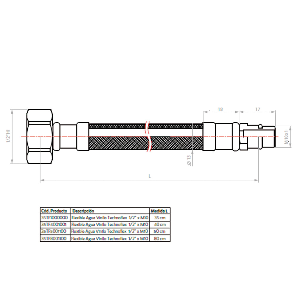 Flexible para Agua Vinilo 1/2  x M10 80cm. TF