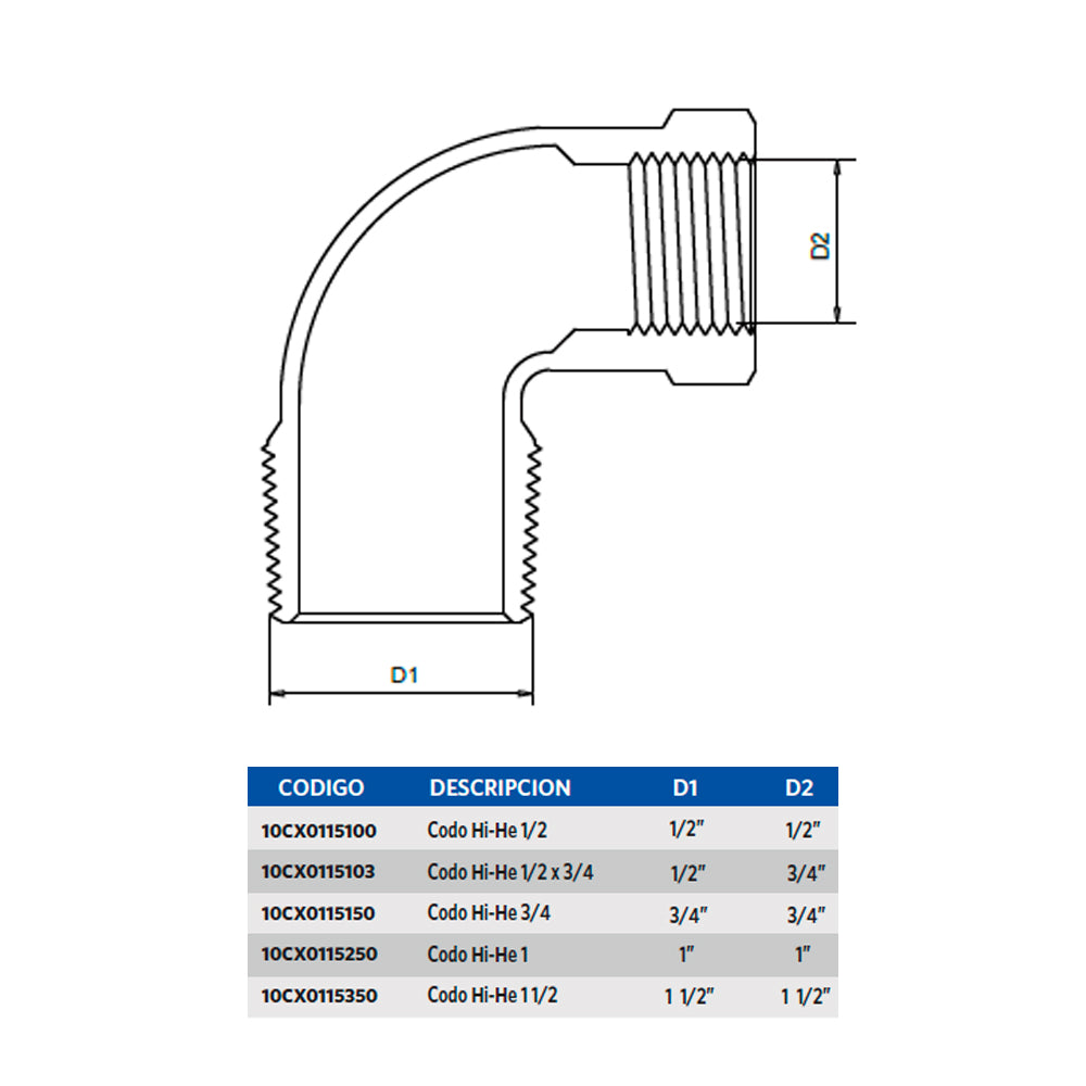 Codo para Agua Hi-He 1/2 x 3/4