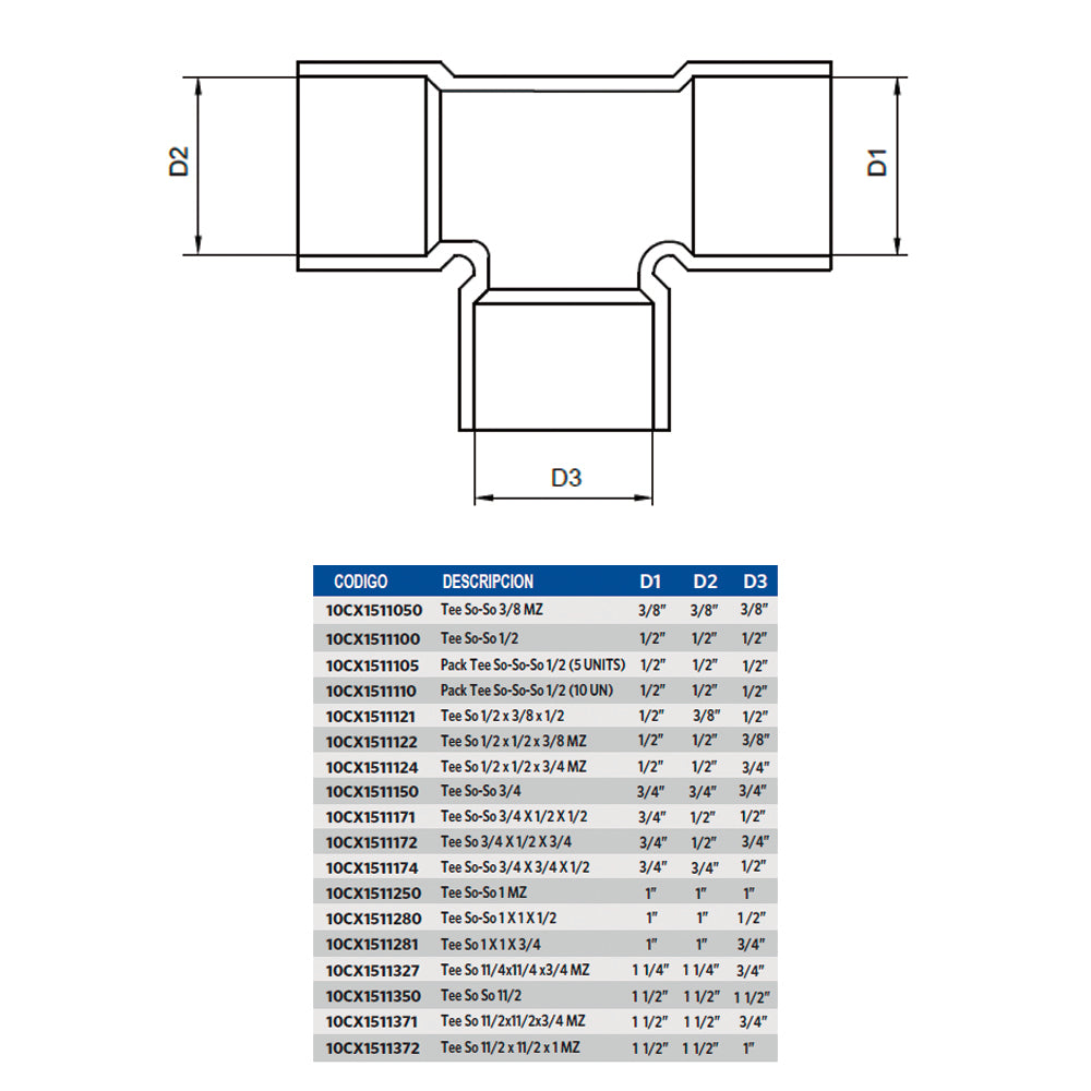 Tee para Agua So 1/2 X 3/8 X 1/2