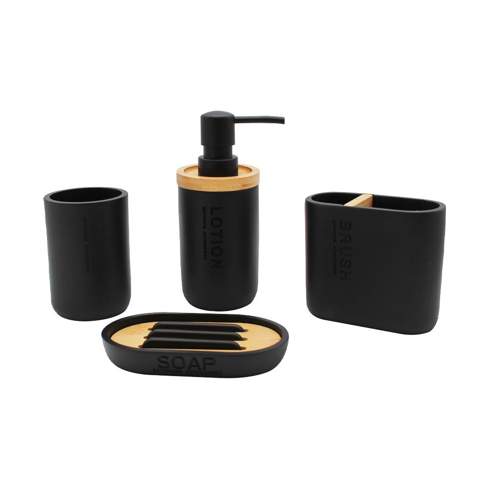 Kit Accesorios Baño Resina 4 piezas Negro/Bamboo